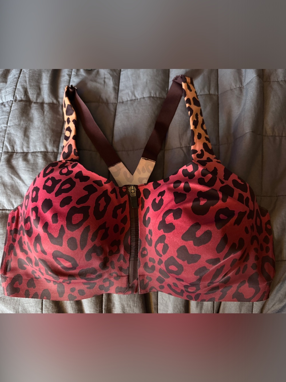 Victoria's Secret Burgundy and Black Leopard Front-Zip Sports Bra